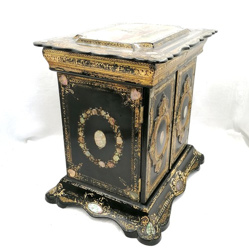 733 - Antique mid 19thC paper mache table cabinet with an Italianate  painted lake scene. Sewing box to th... 