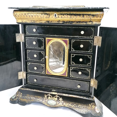 733 - Antique mid 19thC paper mache table cabinet with an Italianate  painted lake scene. Sewing box to th... 