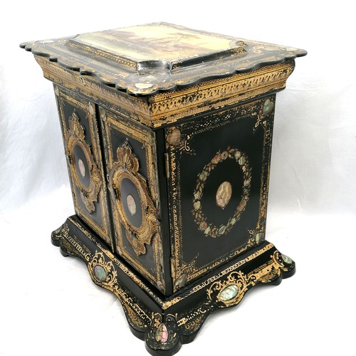 733 - Antique mid 19thC paper mache table cabinet with an Italianate  painted lake scene. Sewing box to th... 