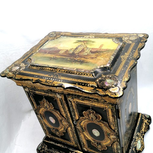 733 - Antique mid 19thC paper mache table cabinet with an Italianate  painted lake scene. Sewing box to th... 