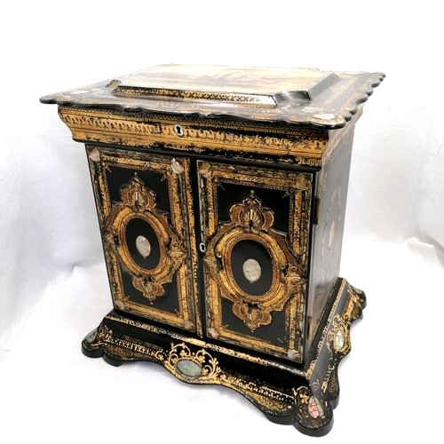 733 - Antique mid 19thC paper mache table cabinet with an Italianate  painted lake scene. Sewing box to th... 