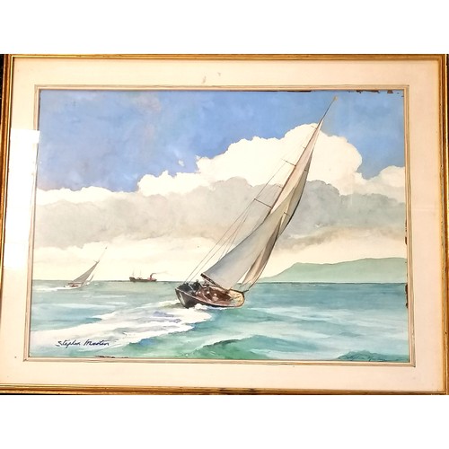 735 - Framed watercolour of a 2 yachts & a steamship by Stephen Martin - 55cm x 43cm