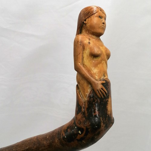 736 - Folk art carved walking stick with a snake swallowing a lady who doesn't look terribly happy(!!) han... 