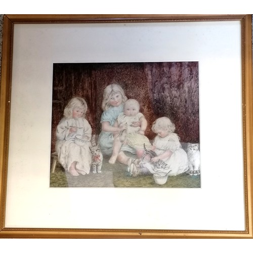 737 - Framed watercolour of 3 children, baby & 3 cats ~ 29cm x 27cm