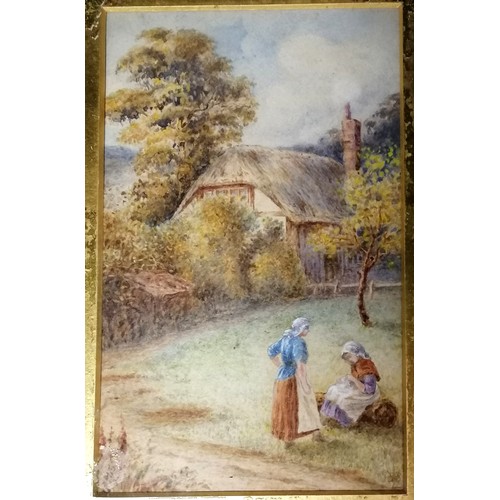 740 - Framed Victorian watercolour painting (with monogram) of a thatched cottage with figures (38cm x 30c... 