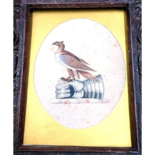 750 - Antique armorial watercolour 16cm x 13cm in carved frame, Bartolozzi sepia romantic print 16cm x 21c... 