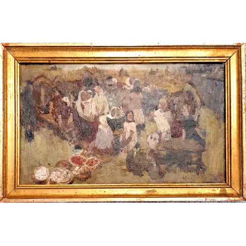 770 - Framed oil on card of a gathering of people signed Hall (dedication on reverse) - 24cm x 37cm