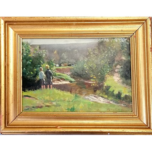 771 - Oil on card of 2 boys in a park signed / dated 1923 Marshall Brown - 42cm x 32cm