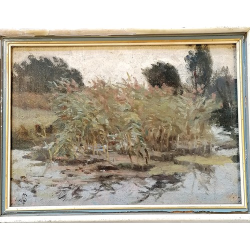 772 - Framed (damaged) oil on board of a pond with a monogrammed signature - 37cm x 28cm