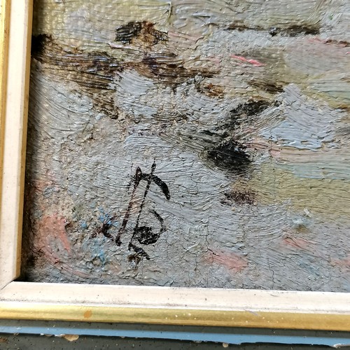 772 - Framed (damaged) oil on board of a pond with a monogrammed signature - 37cm x 28cm