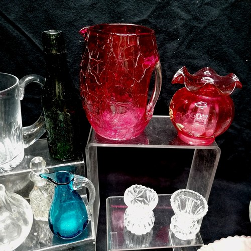 200 - Lot of glassware inc 2 pink cake stands, cranberry water jug etc