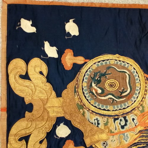 748 - 19thc Chinese hand embroidered silk panel, gold thread, bird and dragon decoration, 82cm x 70cm, som... 