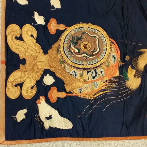 748 - 19thc Chinese hand embroidered silk panel, gold thread, bird and dragon decoration, 82cm x 70cm, som... 