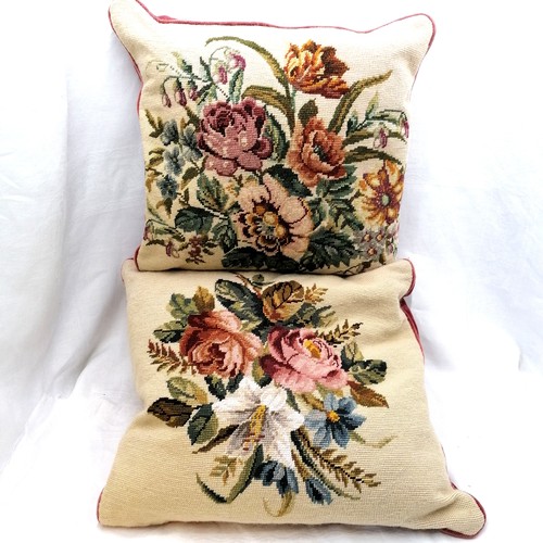 4 - 2 Tapestry fronted floral feather filled cushions, in good condition 54cm x 46cm and 46cm x 46cm