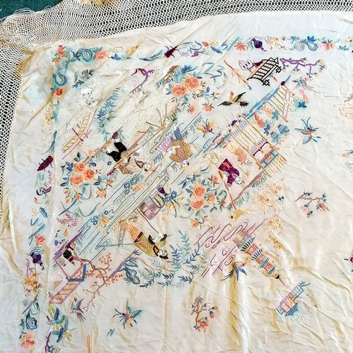 6 - Chinese silk piano shawl with colour runs and some stains, fringe is in ok condition, 240cm x 240cm ... 