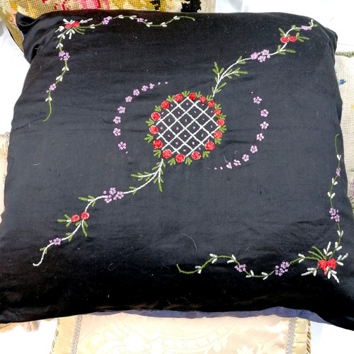 9 - 5 vintage cushions including a black silk floral cushion