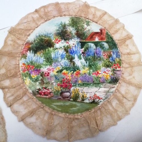 38 - 6 hand painted lace edged doilies, signed RM Hume 20cm diameter, T/W vintage linen items - SOLD ON B... 