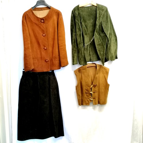 39 - 4 suede items: 2 waistcoats, 1 jacket & 1 skirt. Good condition - approx size 12