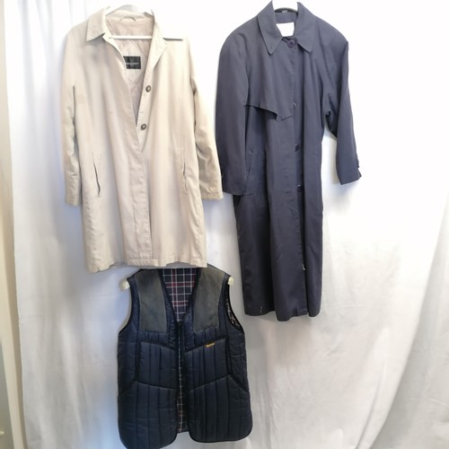 44 - 2 Aquabury ladies macs long navy + 3/4 stone size 12 t/w Barbour quilted waistcoat suede trim tartan... 