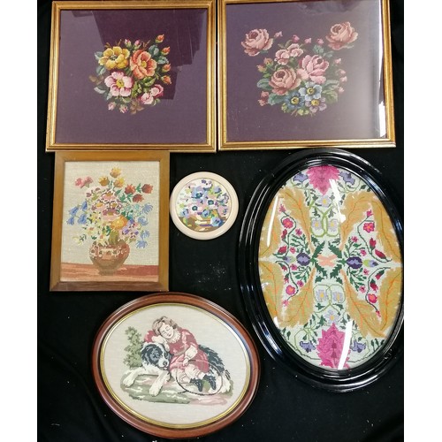 382 - Pair of floral needleworks 42cm x 40cm, oval framed needlework with domed glass 57cm x 42cm T/W 3 ot... 