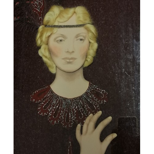 384 - Framed applique picture of a 1920's flapper with hand painted on fabric, face and hand with applied ... 