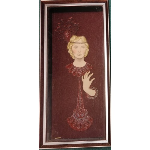 384 - Framed applique picture of a 1920's flapper with hand painted on fabric, face and hand with applied ... 