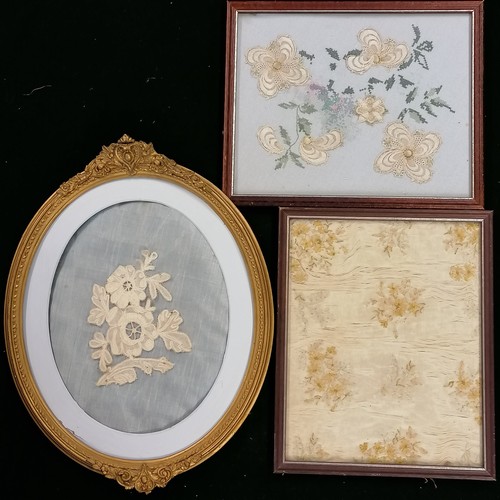 386 - 3 framed fabric samples, oval framed 27cm x 36cm