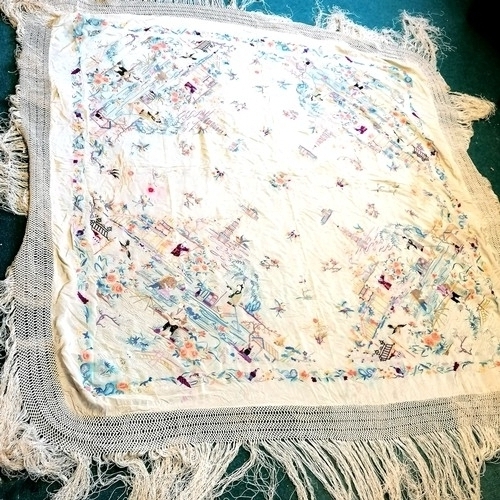 6 - Chinese silk piano shawl with colour runs and some stains, fringe is in ok condition, 240cm x 240cm ... 