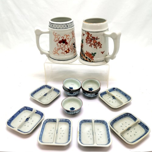 40 - Oriental ceramic blue & white condiment dishes + 2 Japanese tankards decorated in Hong Kong