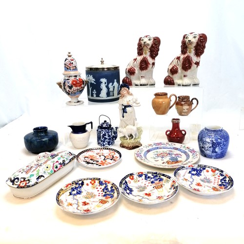 82 - Wedgwood biscuit barrel (missing handle), Masons ironstone pot pourri (19cm & a/f) t/w Staffordshire... 