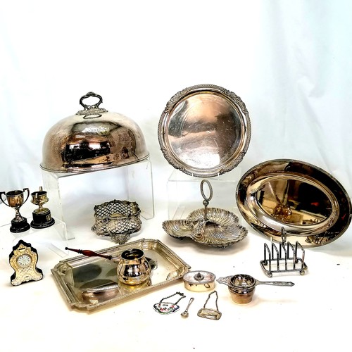 83 - Qty plated ware incl meat dome 35cm , Mappin and Webb dish, brandy pan, T/W a silver mounted boudoir... 