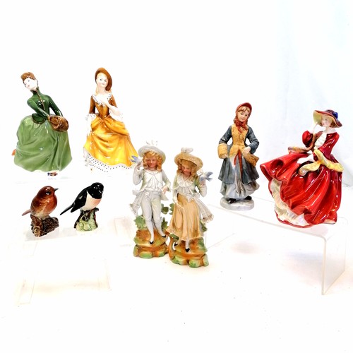 90 - Royal Doulton Sandra, Top o' the hill, Grace t/w Beswick robin & stonechat, all in good condition, t... 