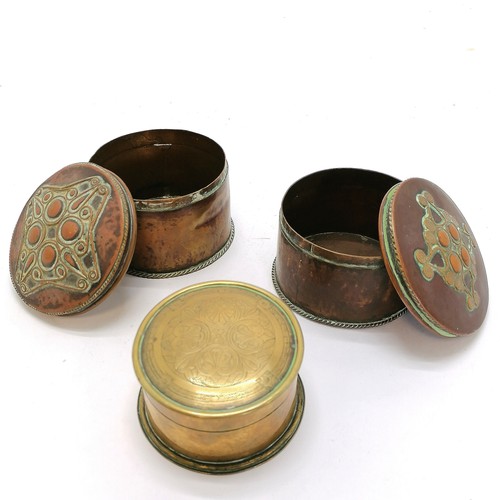 194 - 3 Arts & Crafts table boxes (2 in copper with stylised decoration to top and rope decoration to rims... 