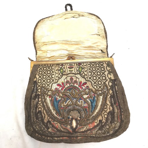 248 - Antique handbag with braid & stitched decoration to front & silk interior (a/f) & gilt metal clasps ... 