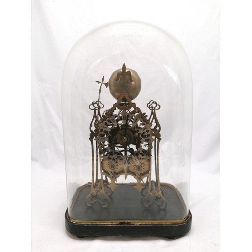 746 - Antique twin fusee brass skeleton clock with silvered dial under a dome - clock 37cm high, total hei... 