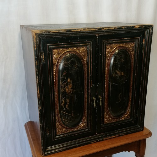 774 - Antique Chinese lacquer table cabinet with red interior, shelf and drawer. Losses and wear. 60cm wid... 