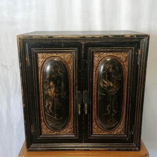 774 - Antique Chinese lacquer table cabinet with red interior, shelf and drawer. Losses and wear. 60cm wid... 