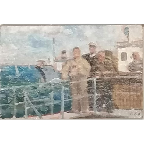 786 - Russian oil of sailors looking out to sea signed K54 in a contemporary frame - 45cm x 40.5cm