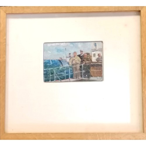 786 - Russian oil of sailors looking out to sea signed K54 in a contemporary frame - 45cm x 40.5cm