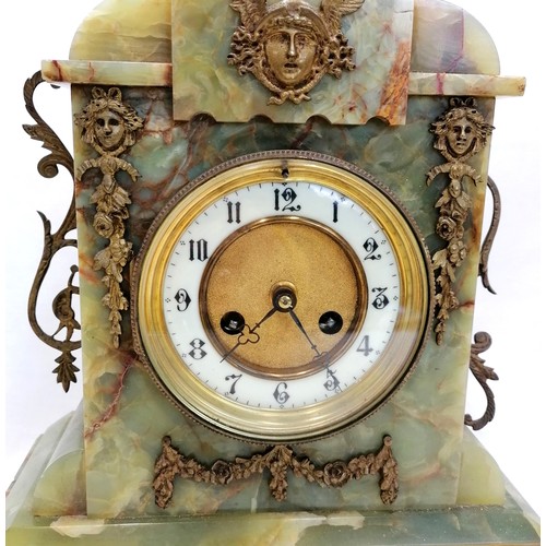 20 - Green onyx mantle clock (c.1900) with an 8-day movement with pendulum & key ~ 1 foot damaged - 10½