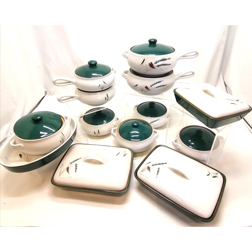 23 - Quantity of Denby Greenwheat cookware inc 4 casserole dishes & 5 circular tureens & 3 rectangular tu... 