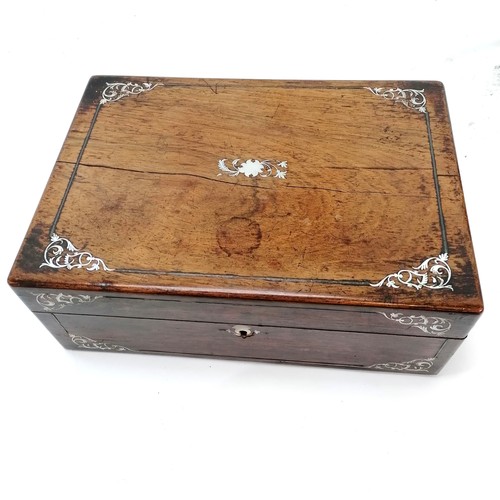 26 - Antique rosewood & mother of pearl inlaid travelling box with original fittings & plated lids to gla... 