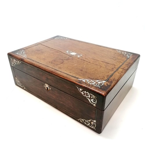 26 - Antique rosewood & mother of pearl inlaid travelling box with original fittings & plated lids to gla... 