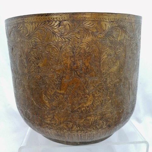 47 - Bronze Chinese bowl, brass Indian jardiniere (20cm high & 24cm diameter) + tray t/w copper tea caddy... 