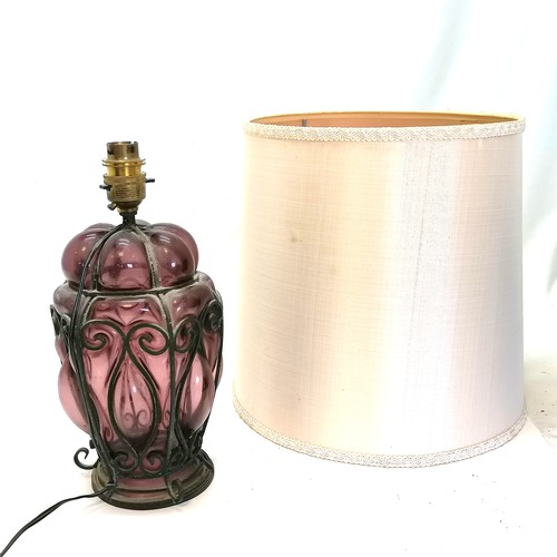 52 - Purple hand blown glass & wrought iron table lamp base - 30cm high