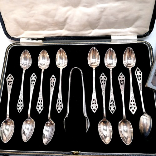 57 - Qty of cased cutlery t/w plated cruet stand, loose cutlery, silver mounted knife rests etc