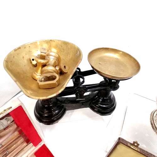 120 - Qty of oddments inc scales + brass weights, 5 paperweights, Wedgwood bowl (28cm diameter), cased cut... 