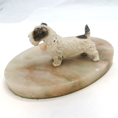 127 - Art Deco alabaster pin tray with spelter cold painted dog (20cm wide & 8cm high) - slight nibbles to... 