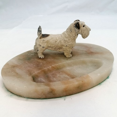 127 - Art Deco alabaster pin tray with spelter cold painted dog (20cm wide & 8cm high) - slight nibbles to... 