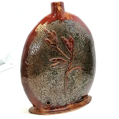 139 - Hoare signed hand potted pottery glazed vase with bird / cat incised decoration t/w lamp base (33cm ... 